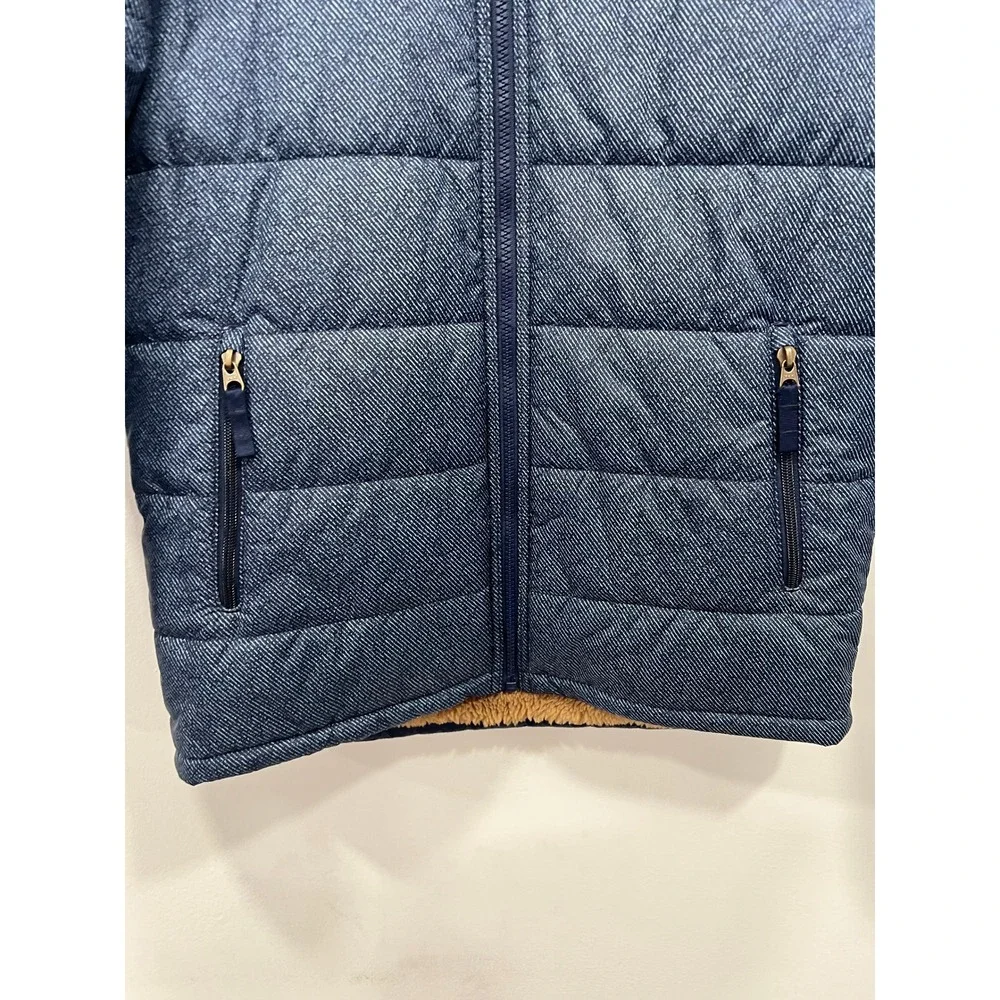 The North Face Puffer Jacket Boys Large Navy Blue Reversible Fleece Brown